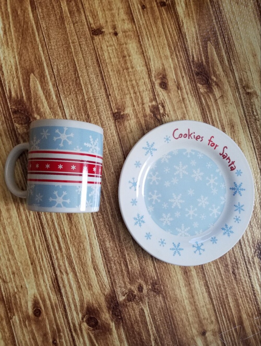 Cookies For Santa Snowflake Mug and Plate Set Blue Christmas Holiday Eve Ceramic